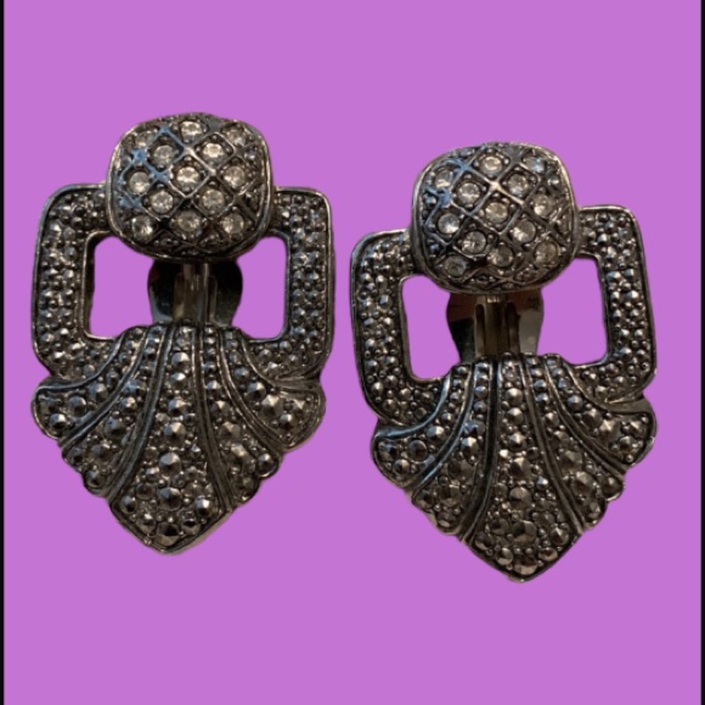 Marcasite clip earrings stunning statement pieces. Silver tone very shar…